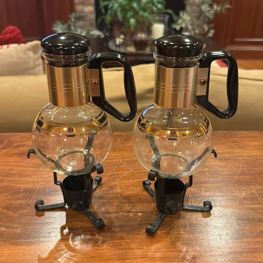 RARE Mid-Century Silex individual Carafes Set Stands of 2 Cup Candlelight Pyrex